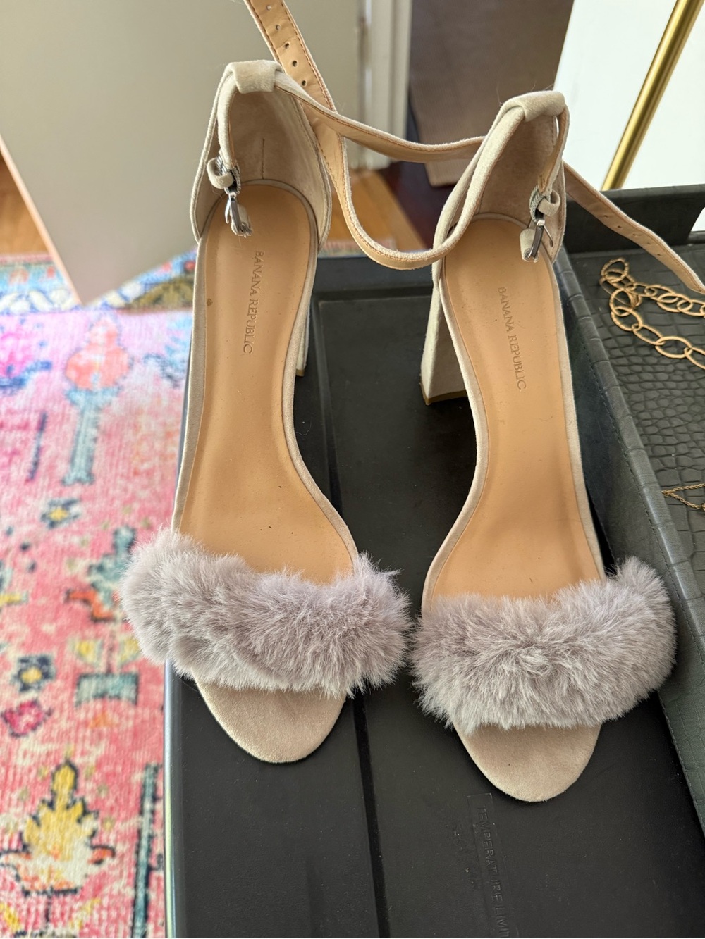 Banana Republic Taupe Suede Fur-Trim Block Heel Sandals